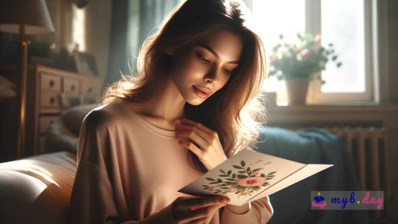 Eine junge Frau liest eine Geburtstagskarte